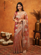 Peach Pink Tissue Silk Embroidered Saree with Zari Motifs & Designer Border | Heavy Embroidered Blouse with Tassels | Wedding & Festive Wear Saree