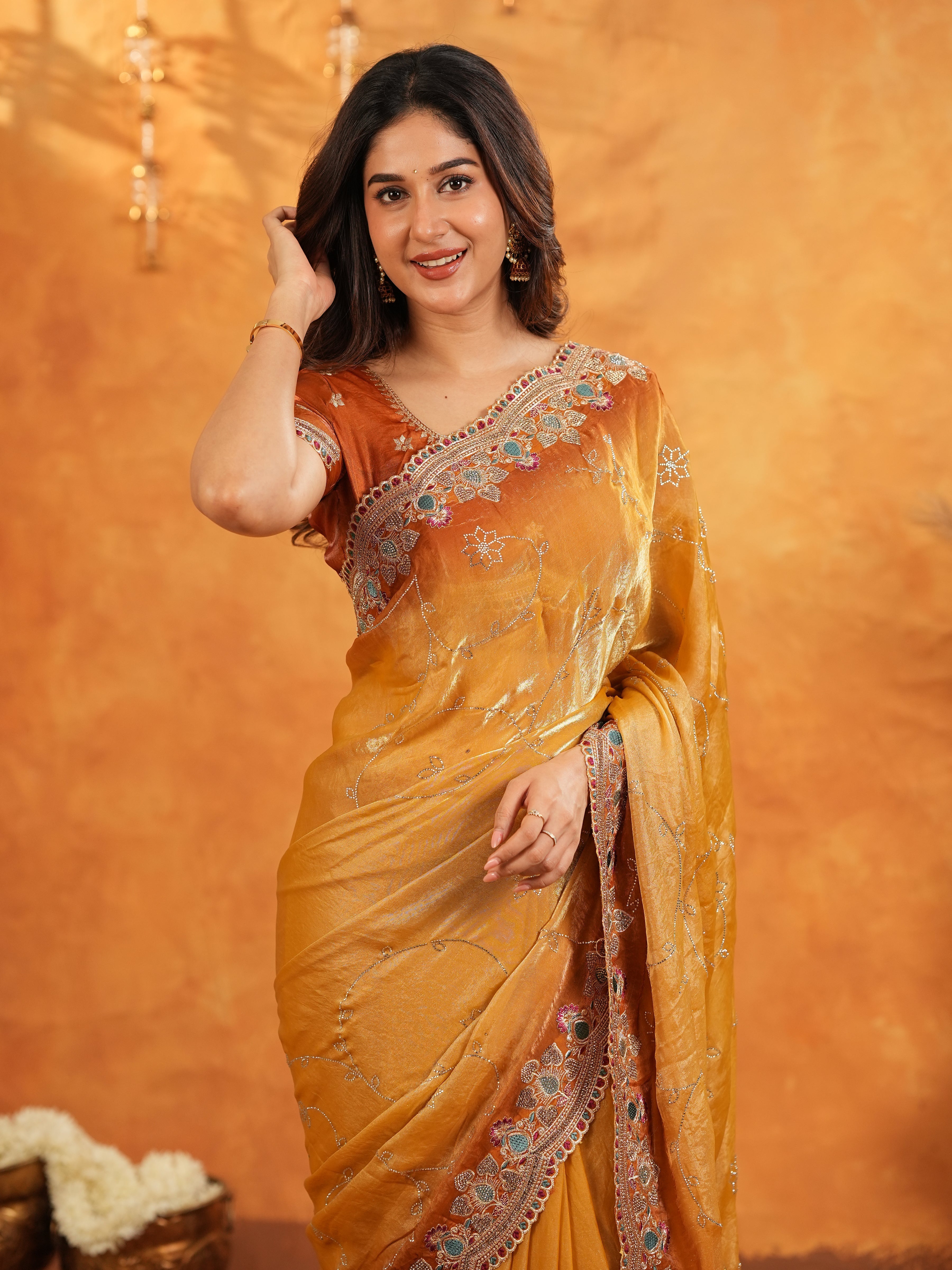 Mustard Gold Fendy Satin Embroidered Saree with Multicolor Floral Border & Tassels | Designer Festive Party Wear Saree with Heavy Embroidered Blouse
