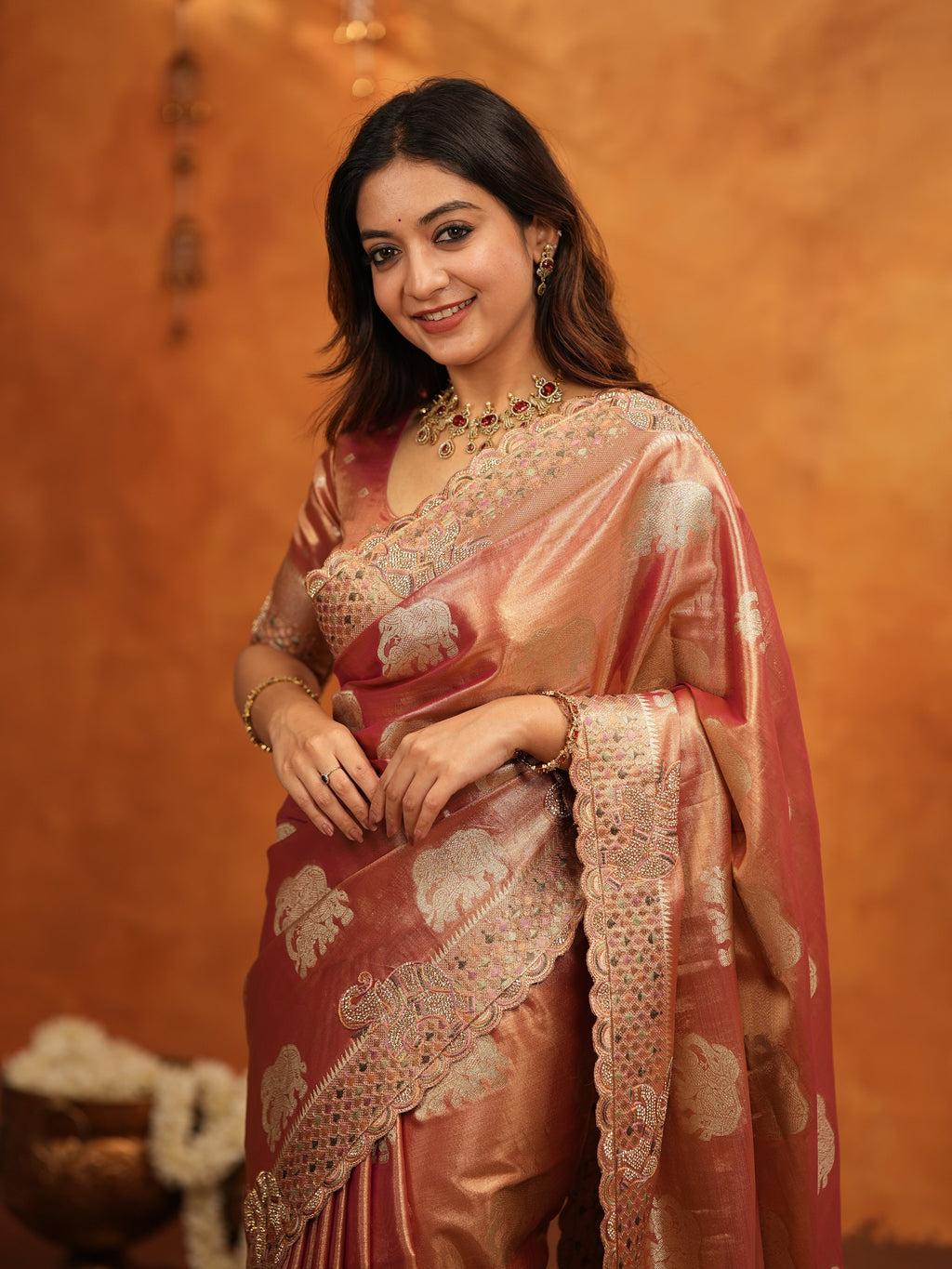 Peach Pink Tissue Silk Embroidered Saree with Zari Motifs & Designer Border | Heavy Embroidered Blouse with Tassels | Wedding & Festive Wear Saree