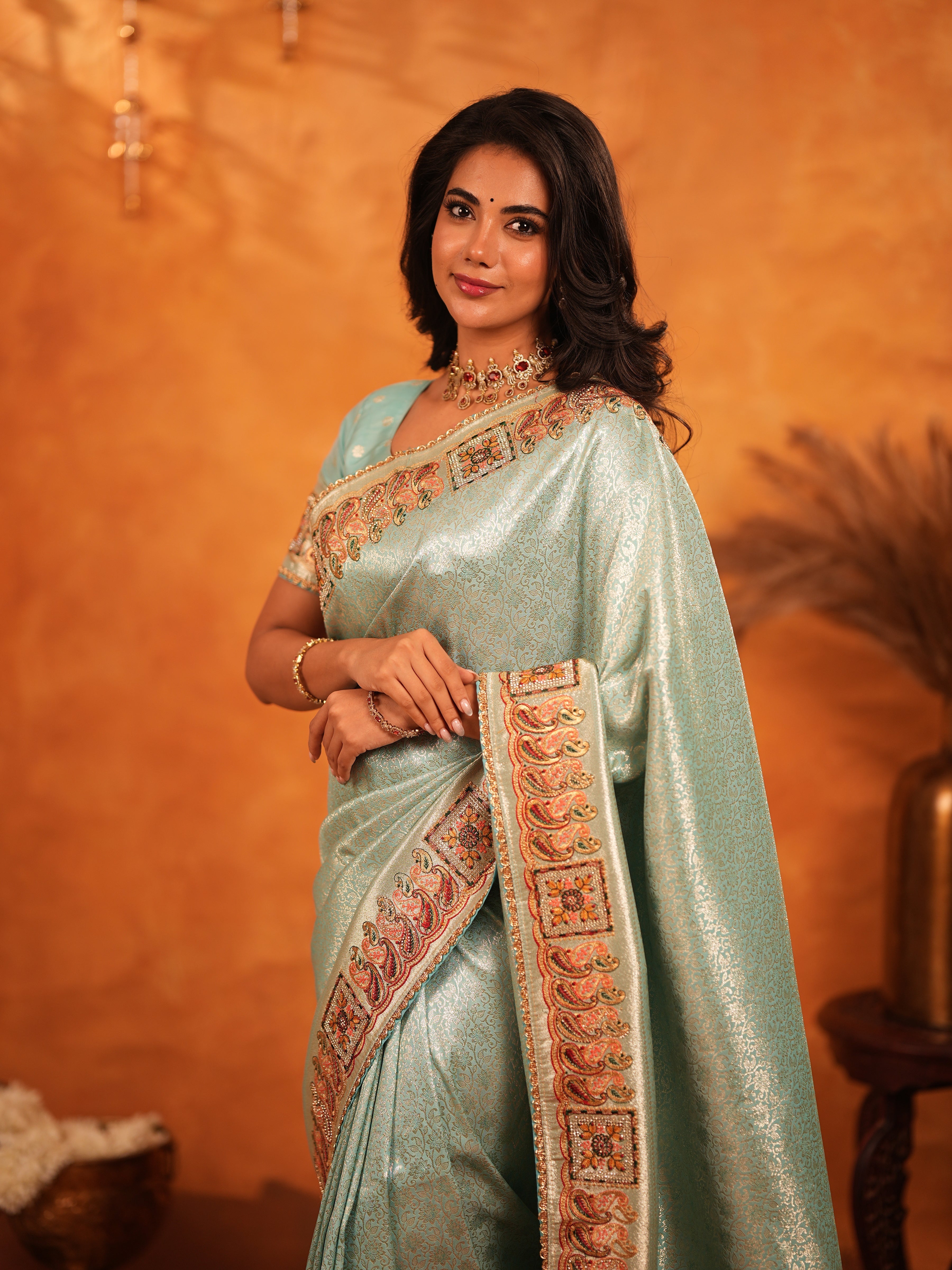 Mint Green Banarasi Silk Saree with Intricate Zari Weaving & Heavy Ornamental Embroidered Border | Elegant Festive & Wedding Wear Saree with Blouse