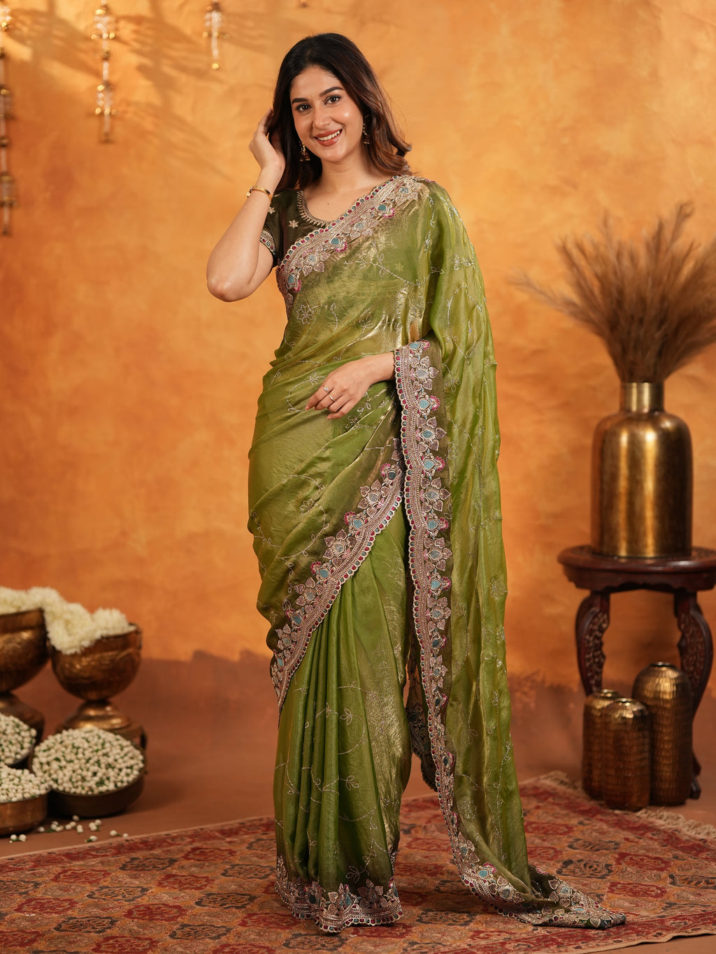 Olive Green Fendy Satin Embroidered Saree with Multicolor Floral Border & Tassels | Designer Festive Wear Saree with Heavy Embroidered Blouse