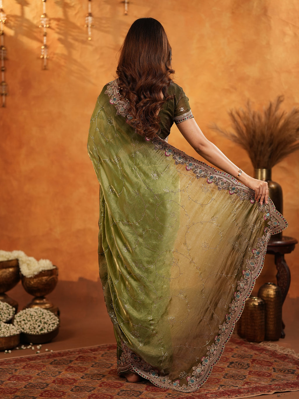 Olive Green Fendy Satin Embroidered Saree with Multicolor Floral Border & Tassels | Designer Festive Wear Saree with Heavy Embroidered Blouse