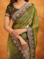 Olive Green Fendy Satin Embroidered Saree with Multicolor Floral Border & Tassels | Designer Festive Wear Saree with Heavy Embroidered Blouse