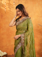 Olive Green Fendy Satin Embroidered Saree with Multicolor Floral Border & Tassels | Designer Festive Wear Saree with Heavy Embroidered Blouse