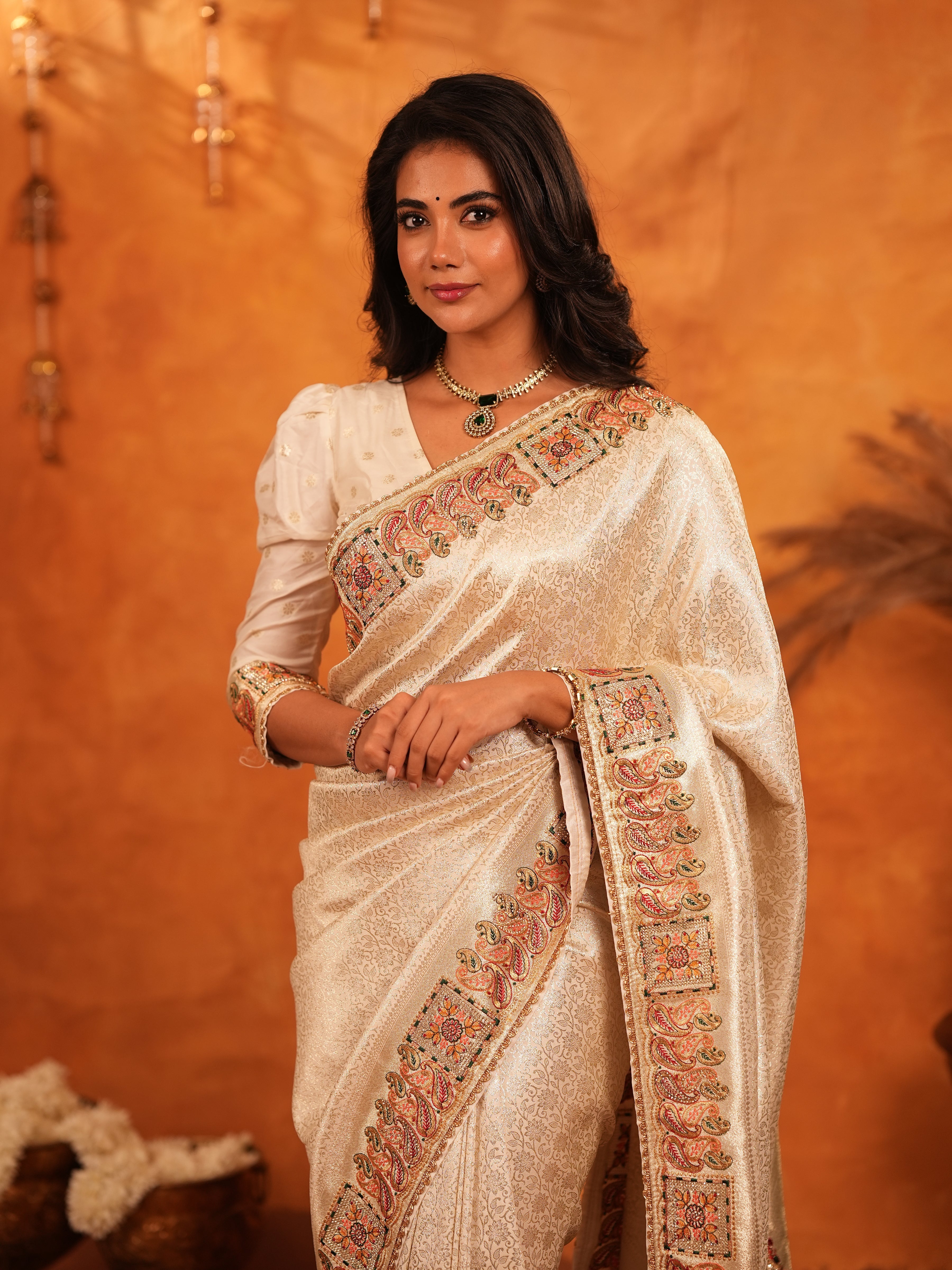 Ivory Cream Banarasi Silk Saree with Elegant Zari Weaving & Ornamental Embroidered Border | Classic Wedding & Festive Wear Saree with Blouse