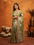 Olive Green Tissue Silk Embroidered Saree with Zari Motifs & Designer Border | Heavy Embroidered Blouse with Tassels | Wedding & Festive Wear Saree