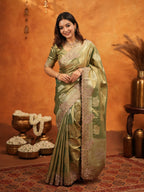 Olive Green Tissue Silk Embroidered Saree with Zari Motifs & Designer Border | Heavy Embroidered Blouse with Tassels | Wedding & Festive Wear Saree