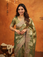 Olive Green Tissue Silk Embroidered Saree with Zari Motifs & Designer Border | Heavy Embroidered Blouse with Tassels | Wedding & Festive Wear Saree
