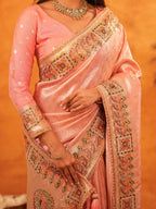 Peach Pink Banarasi Silk Saree with All-Over Zari Weaving & Rich Embroidered Border | Designer Festive & Wedding Wear Saree with Blouse