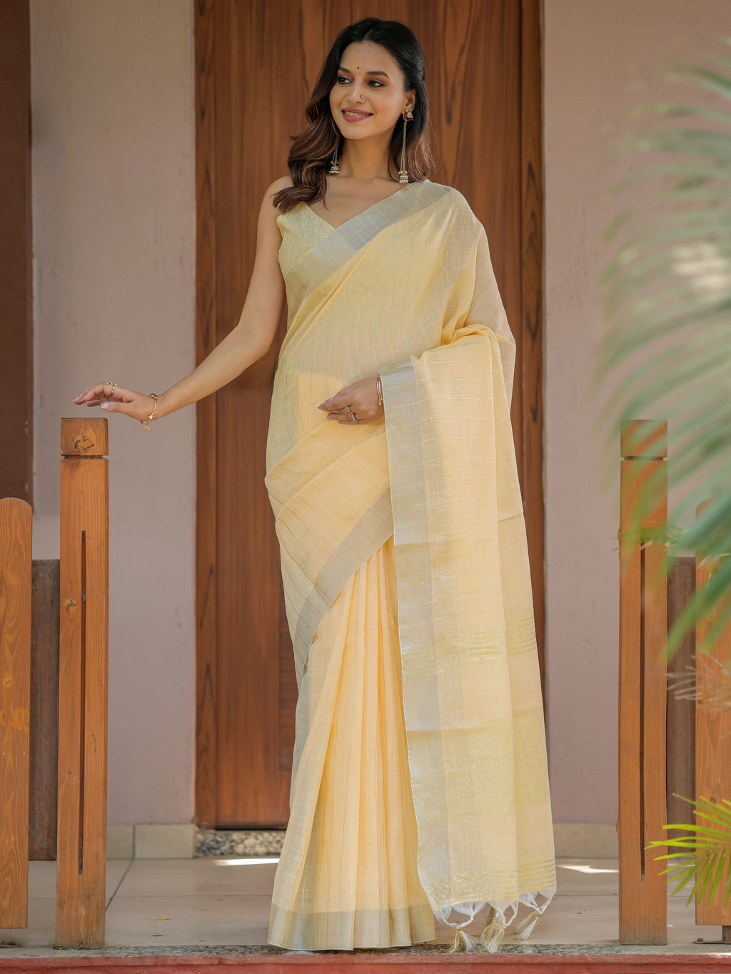 Butter Yellow Pure Handloom Cotton Saree with Golden Striped Weaving & Tassel Detailing