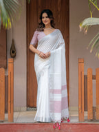 Pure White & Red Handloom Cotton Saree with Minimal Striped Border & Tassel Detailing