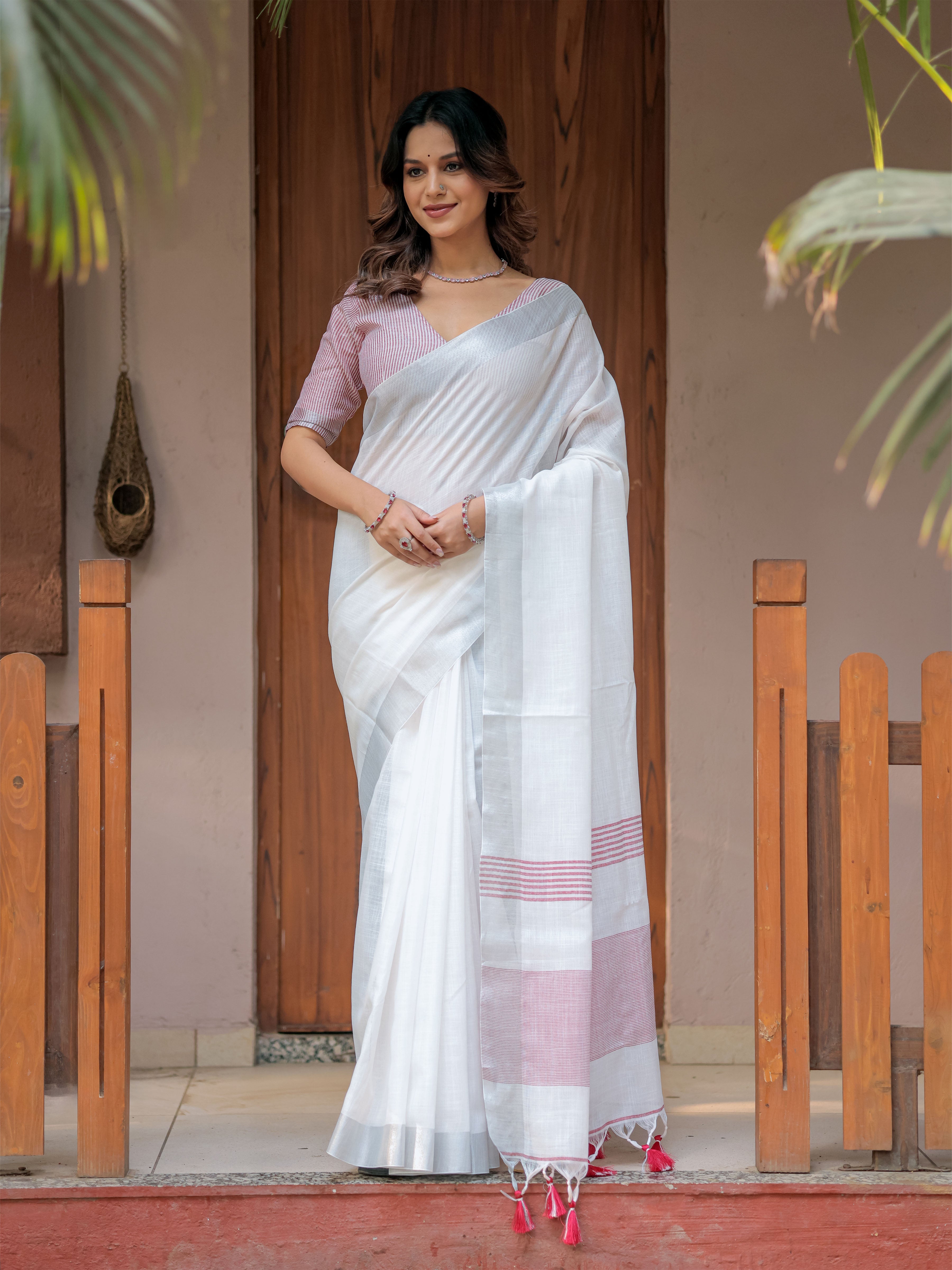 Pure White & Red Handloom Cotton Saree with Minimal Striped Border & Tassel Detailing