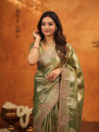 Olive Green Tissue Silk Embroidered Saree with Zari Motifs & Designer Border | Heavy Embroidered Blouse with Tassels | Wedding & Festive Wear Saree