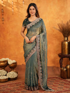 Elegant Steel Teal Fendy Satin Embroidered Saree with Floral Border & Tassel Finish | Designer Party Wear Saree with Heavy Embroidered Blouse