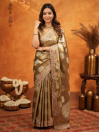 Antique Gold Tissue Silk Embroidered Saree with Rich Zari Motifs & Designer Border | Heavy Embroidered Blouse with Tassels | Wedding Festive Wear Saree