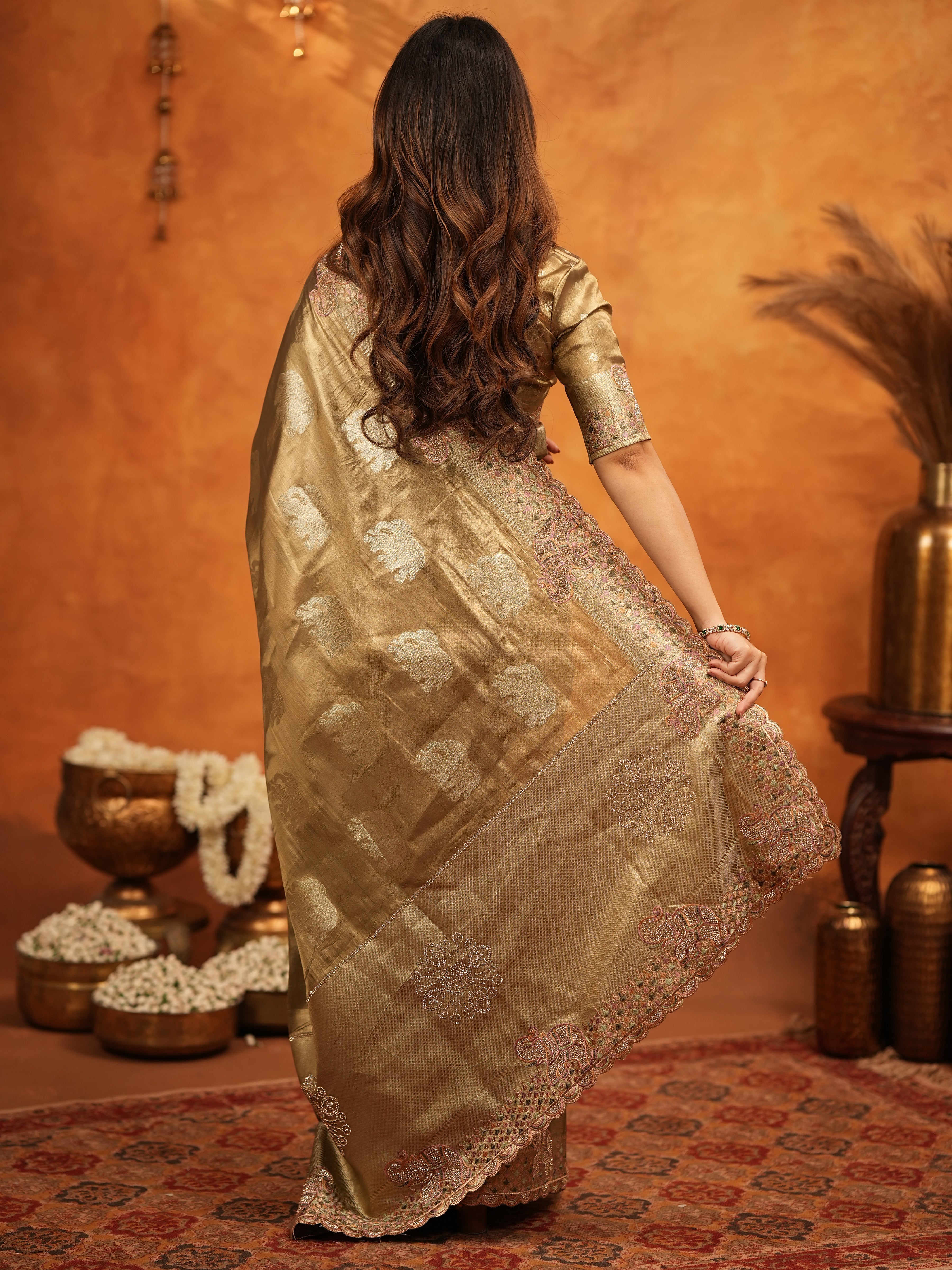 Antique Gold Tissue Silk Embroidered Saree with Rich Zari Motifs & Designer Border | Heavy Embroidered Blouse with Tassels | Wedding Festive Wear Saree