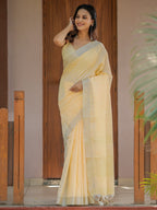 Butter Yellow Pure Handloom Cotton Saree with Golden Striped Weaving & Tassel Detailing