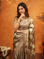 Antique Gold Tissue Silk Embroidered Saree with Rich Zari Motifs & Designer Border | Heavy Embroidered Blouse with Tassels | Wedding Festive Wear Saree