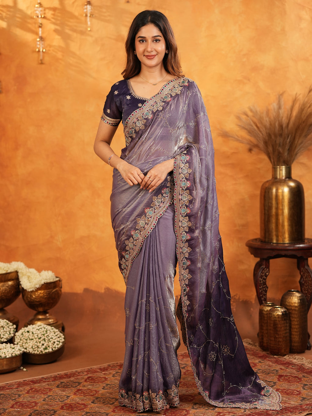 Royal Lavender Purple Fendy Satin Embroidered Saree with Intricate Floral Border & Tassels | Designer Party Wear Saree with Heavy Embroidered Blouse