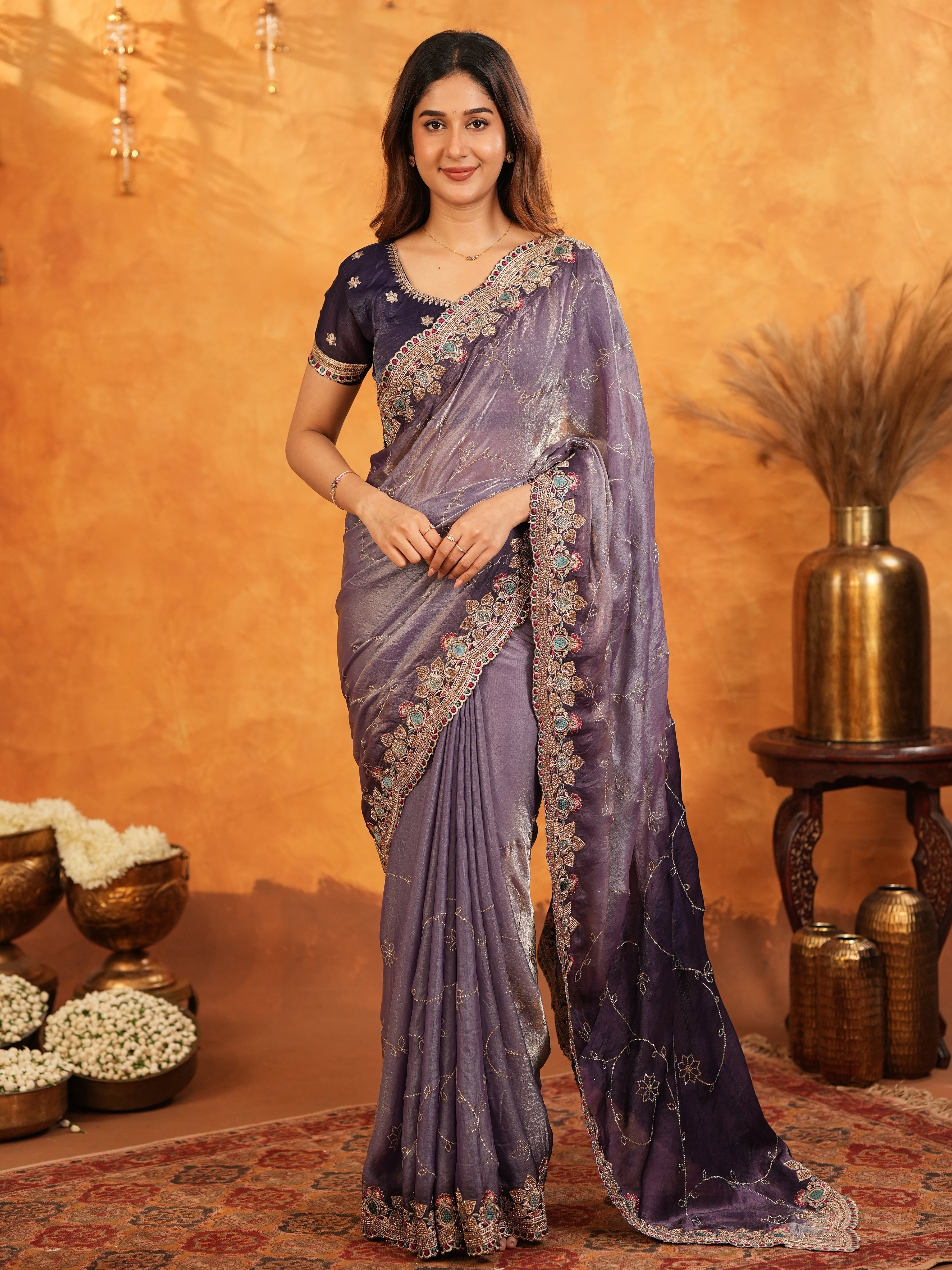 Royal Lavender Purple Fendy Satin Embroidered Saree with Intricate Floral Border & Tassels | Designer Party Wear Saree with Heavy Embroidered Blouse