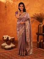 Dusty Mauve Banarasi Silk Saree with Intricate Zari Weaving & Rich Embroidered Border | Elegant Wedding & Festive Wear Saree with Blouse