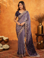 Royal Lavender Purple Fendy Satin Embroidered Saree with Intricate Floral Border & Tassels | Designer Party Wear Saree with Heavy Embroidered Blouse