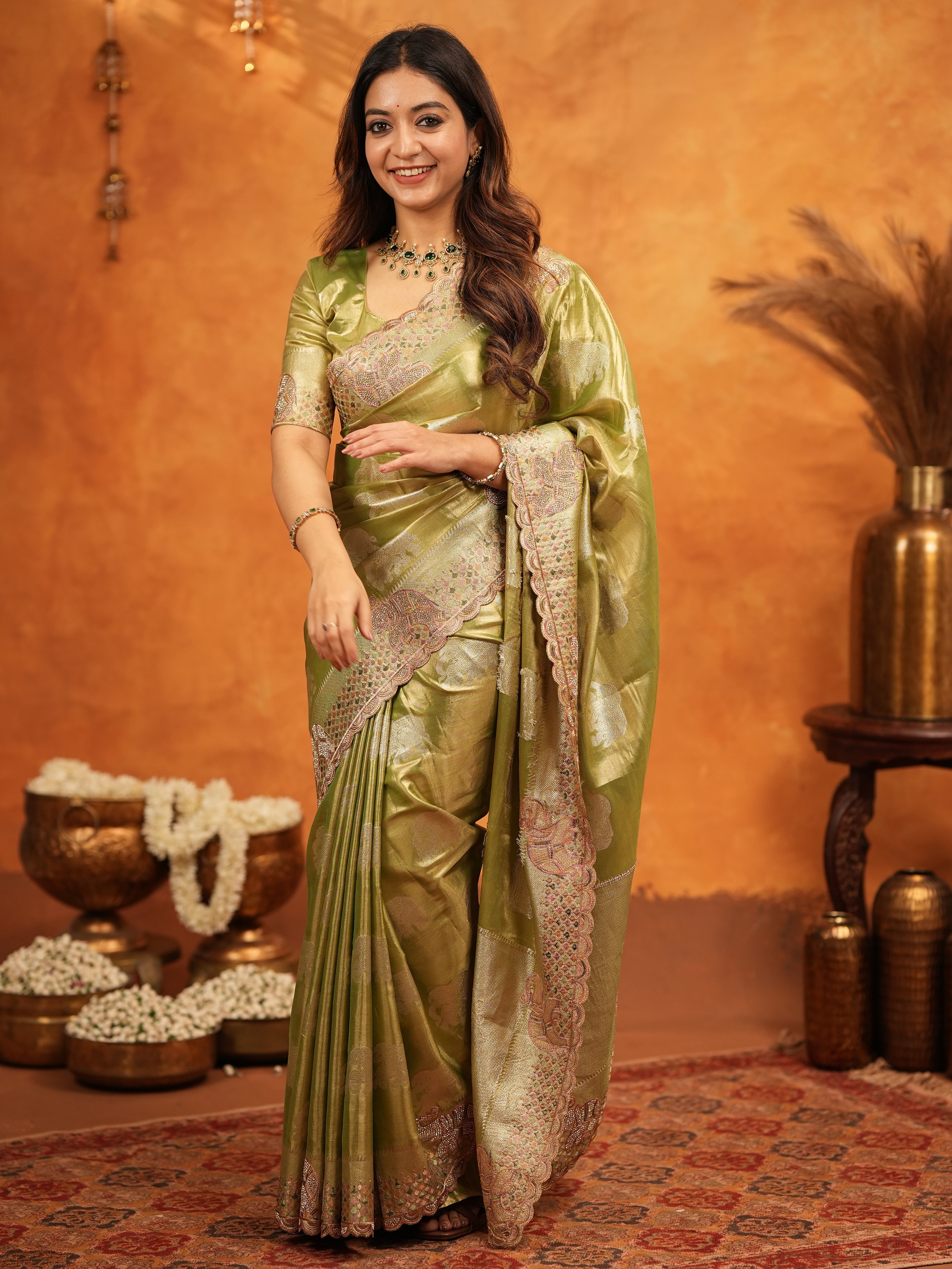 Mehendi Green Tissue Silk Embroidered Saree with Zari Motifs & Designer Border | Heavy Embroidered Blouse with Tassels | Wedding & Festive Wear Saree
