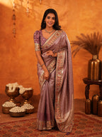 Dusty Mauve Banarasi Silk Saree with Intricate Zari Weaving & Rich Embroidered Border | Elegant Wedding & Festive Wear Saree with Blouse