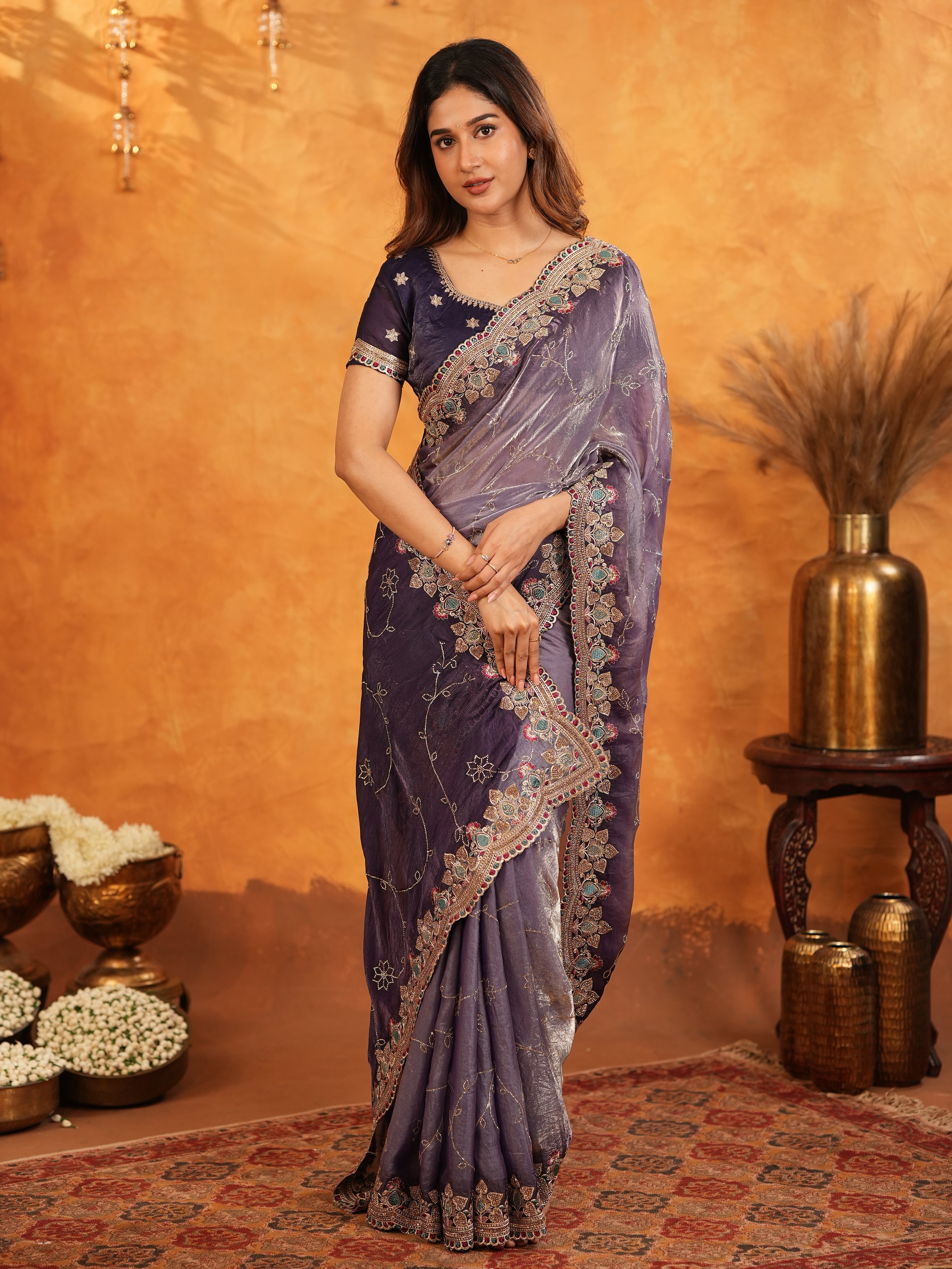Royal Lavender Purple Fendy Satin Embroidered Saree with Intricate Floral Border & Tassels | Designer Party Wear Saree with Heavy Embroidered Blouse