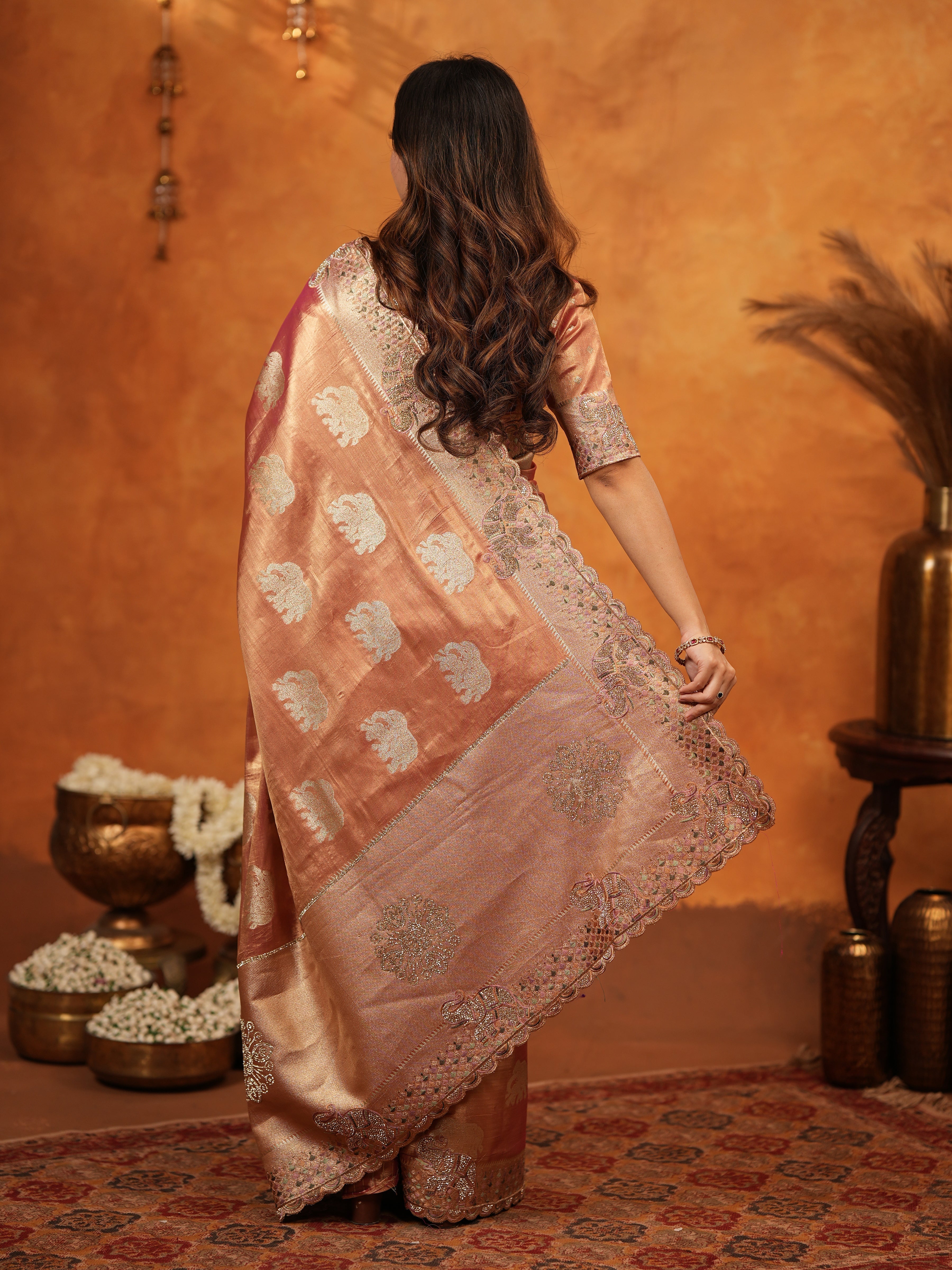 Peach Pink Tissue Silk Embroidered Saree with Zari Motifs & Designer Border | Heavy Embroidered Blouse with Tassels | Wedding & Festive Wear Saree