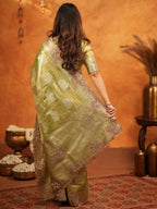 Mehendi Green Tissue Silk Embroidered Saree with Zari Motifs & Designer Border | Heavy Embroidered Blouse with Tassels | Wedding & Festive Wear Saree