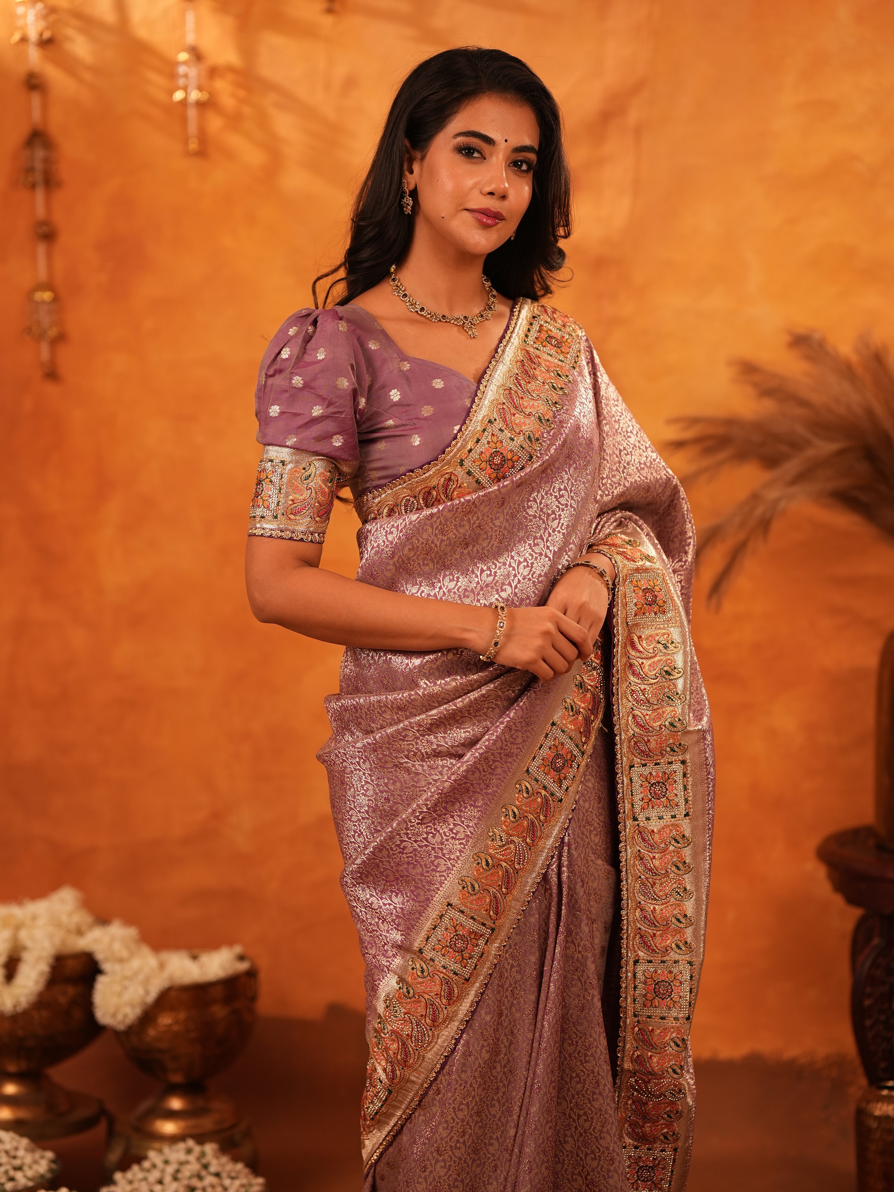 Dusty Mauve Banarasi Silk Saree with Intricate Zari Weaving & Rich Embroidered Border | Elegant Wedding & Festive Wear Saree with Blouse