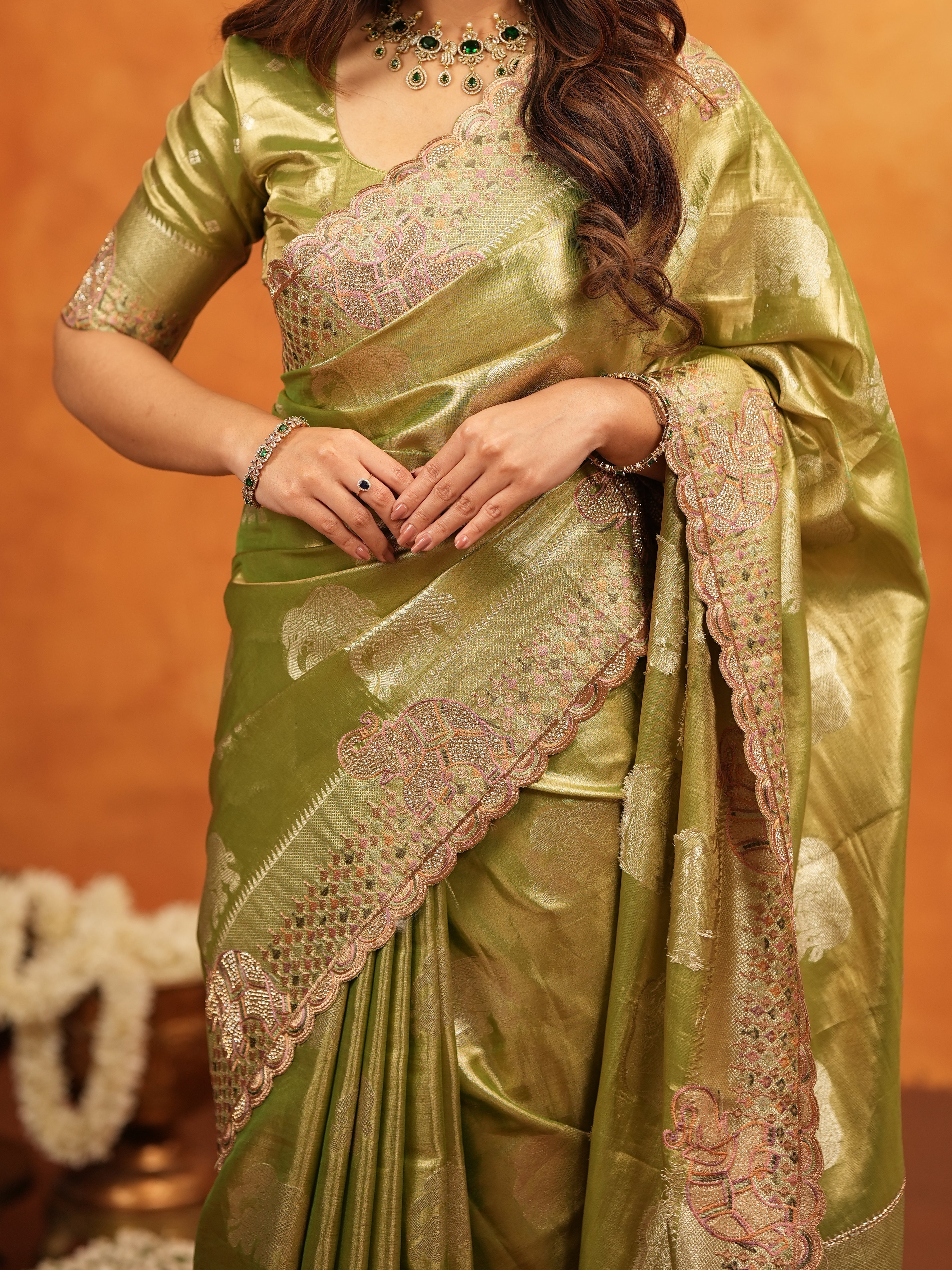 Mehendi Green Tissue Silk Embroidered Saree with Zari Motifs & Designer Border | Heavy Embroidered Blouse with Tassels | Wedding & Festive Wear Saree