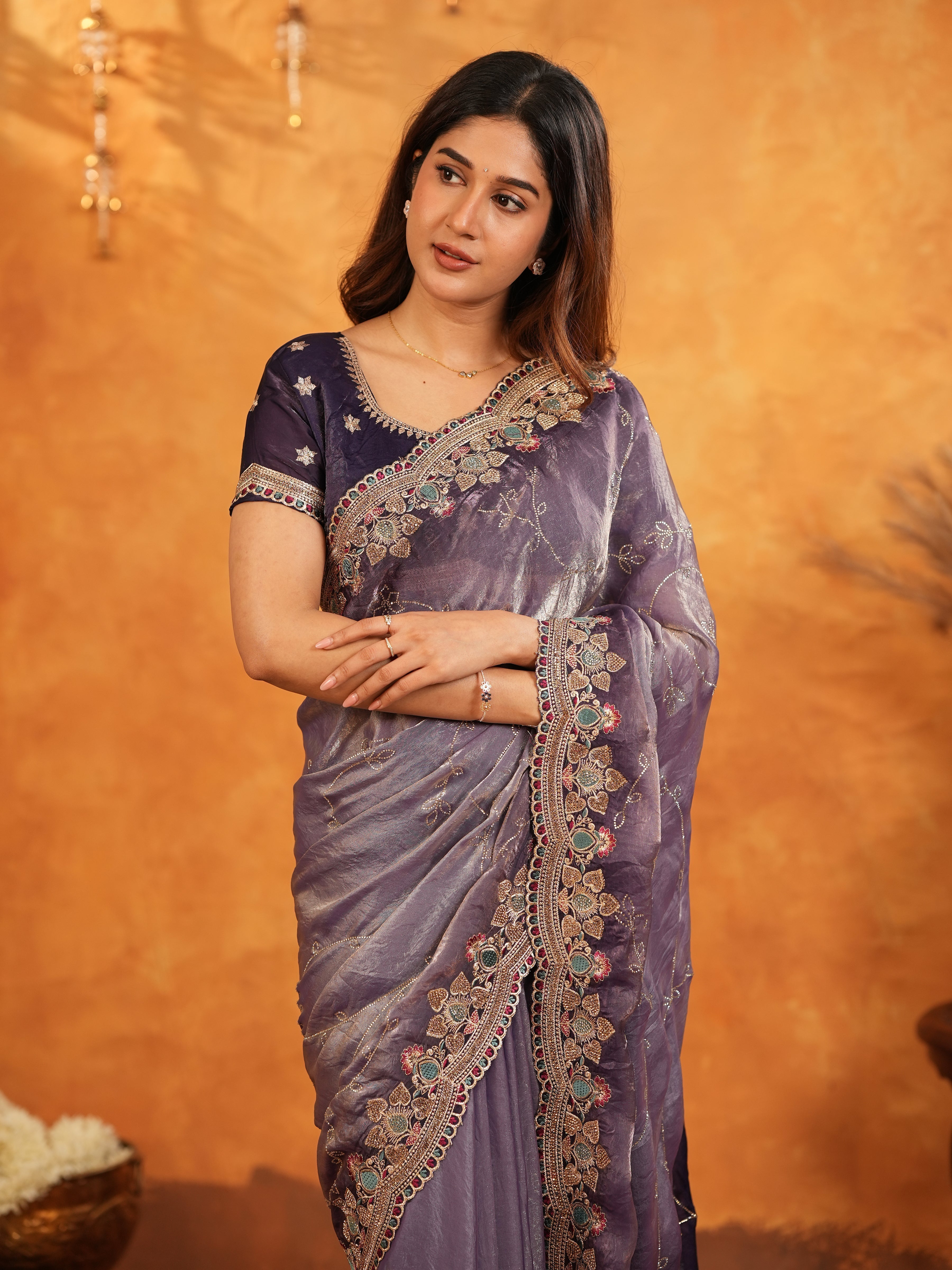 Royal Lavender Purple Fendy Satin Embroidered Saree with Intricate Floral Border & Tassels | Designer Party Wear Saree with Heavy Embroidered Blouse