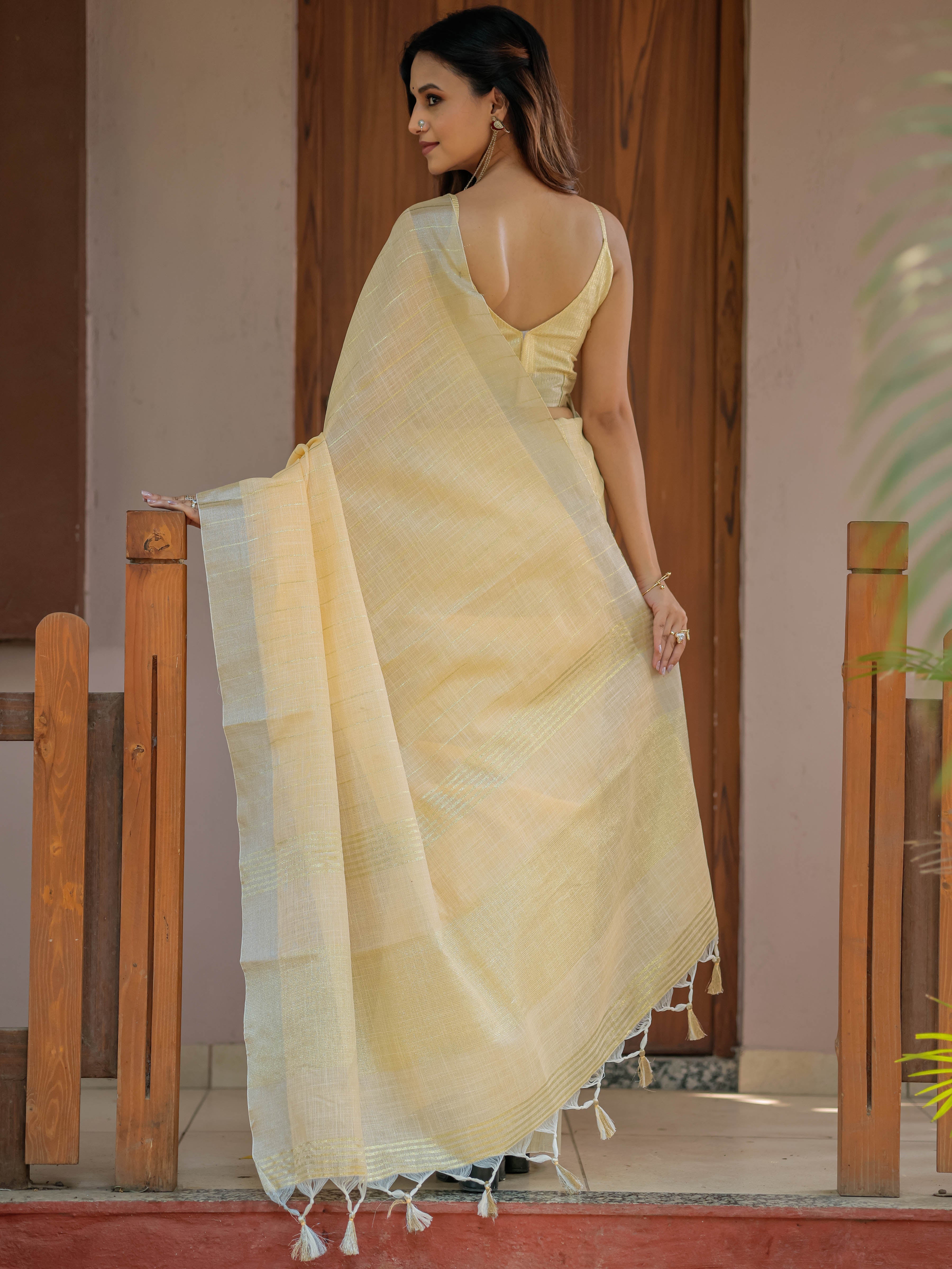 Butter Yellow Pure Handloom Cotton Saree with Golden Striped Weaving & Tassel Detailing