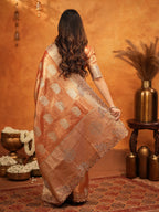 Rust Orange Tissue Silk Embroidered Saree with Zari Motifs & Designer Border | Heavy Embroidered Blouse with Tassels | Wedding & Festive Wear Saree