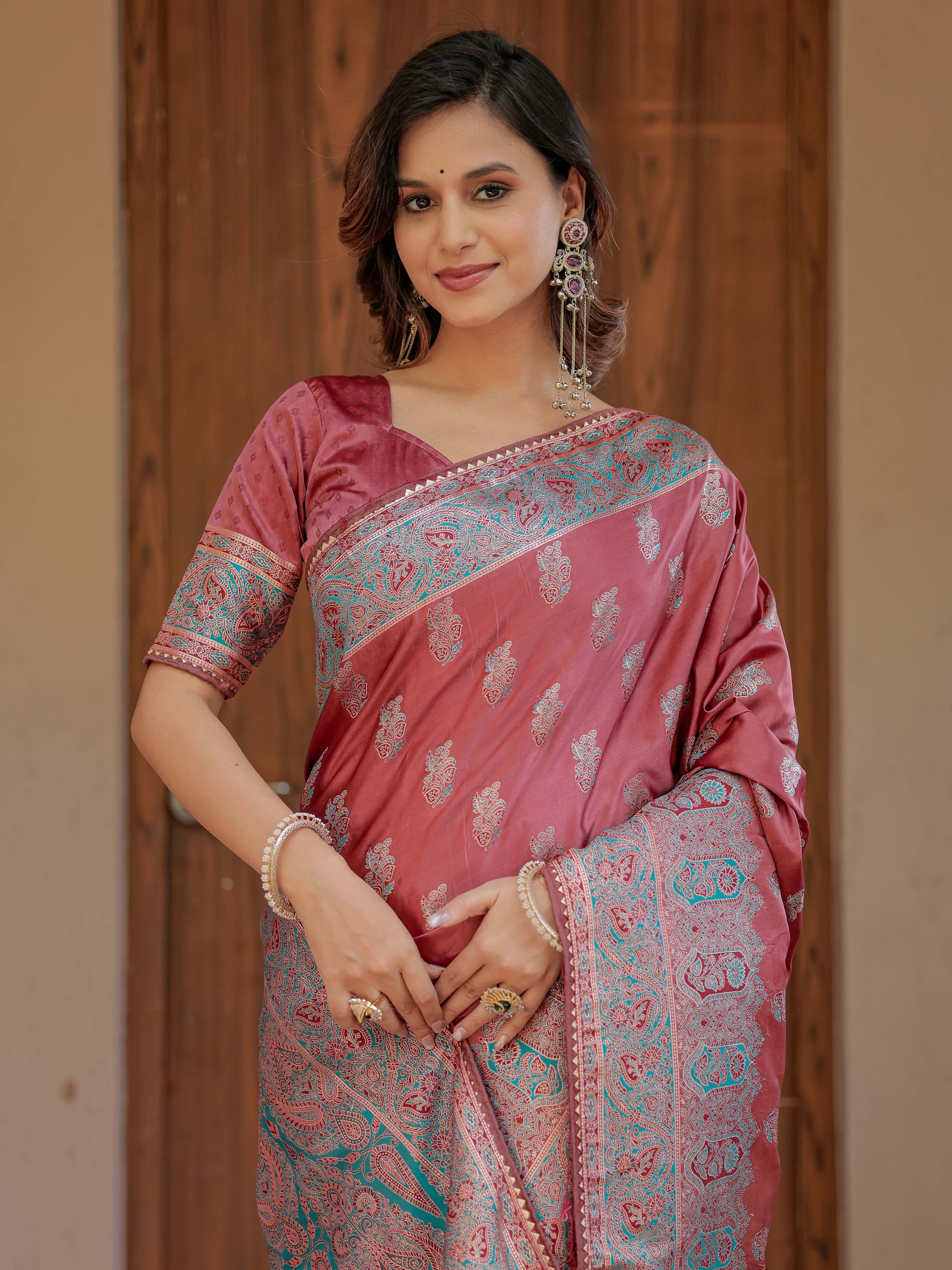 Dusty Rose Pink Banarasi Silk Saree with Intricate Paisley Zari Weaving & Tassel Detailing