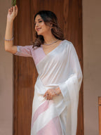 Pure White & Red Handloom Cotton Saree with Minimal Striped Border & Tassel Detailing