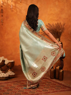 Mint Green Banarasi Silk Saree with Intricate Zari Weaving & Heavy Ornamental Embroidered Border | Elegant Festive & Wedding Wear Saree with Blouse