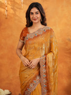 Mustard Gold Fendy Satin Embroidered Saree with Multicolor Floral Border & Tassels | Designer Festive Party Wear Saree with Heavy Embroidered Blouse