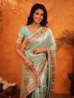 Mint Green Banarasi Silk Saree with Intricate Zari Weaving & Heavy Ornamental Embroidered Border | Elegant Festive & Wedding Wear Saree with Blouse