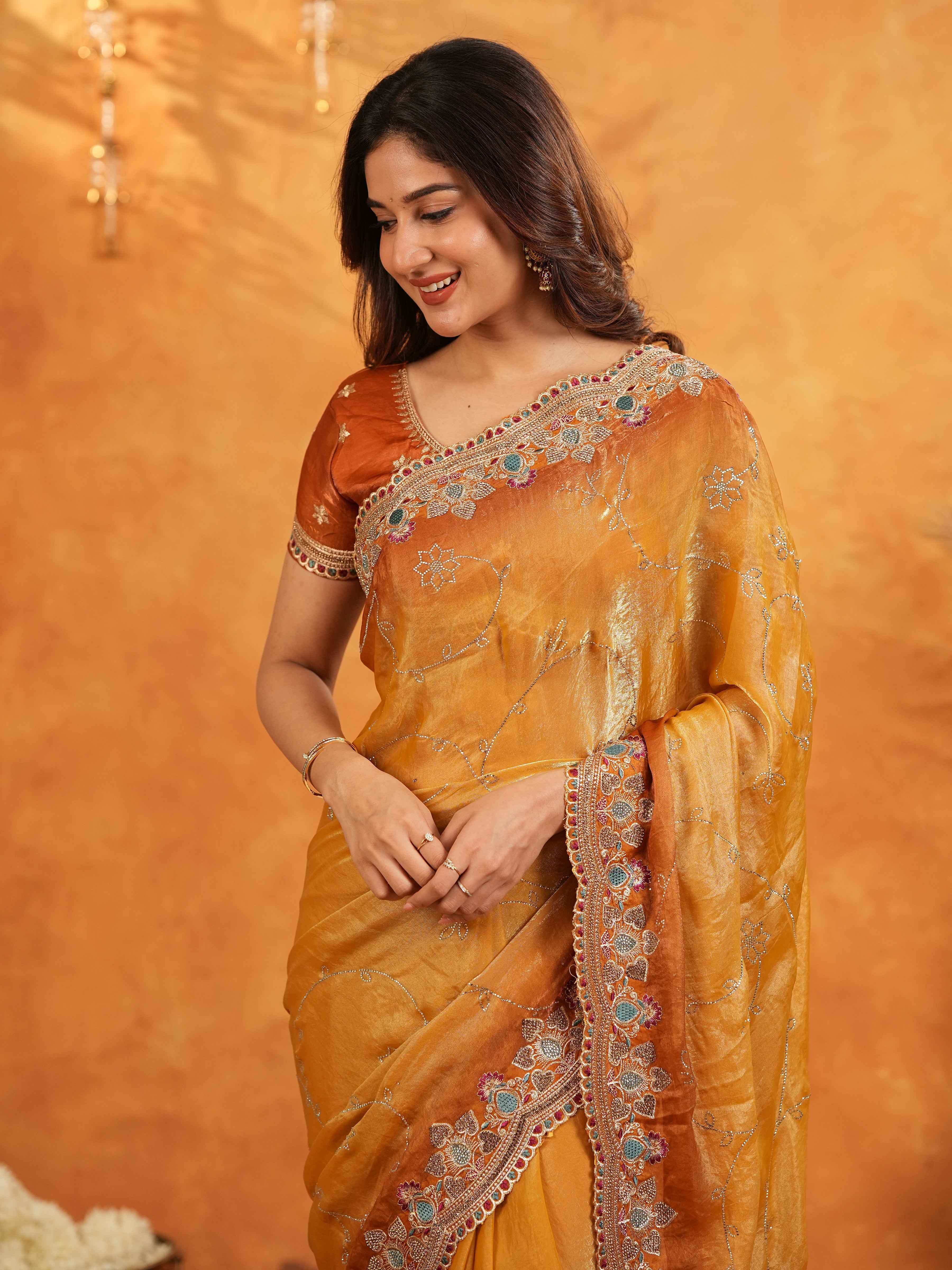 Mustard Gold Fendy Satin Embroidered Saree with Multicolor Floral Border & Tassels | Designer Festive Party Wear Saree with Heavy Embroidered Blouse