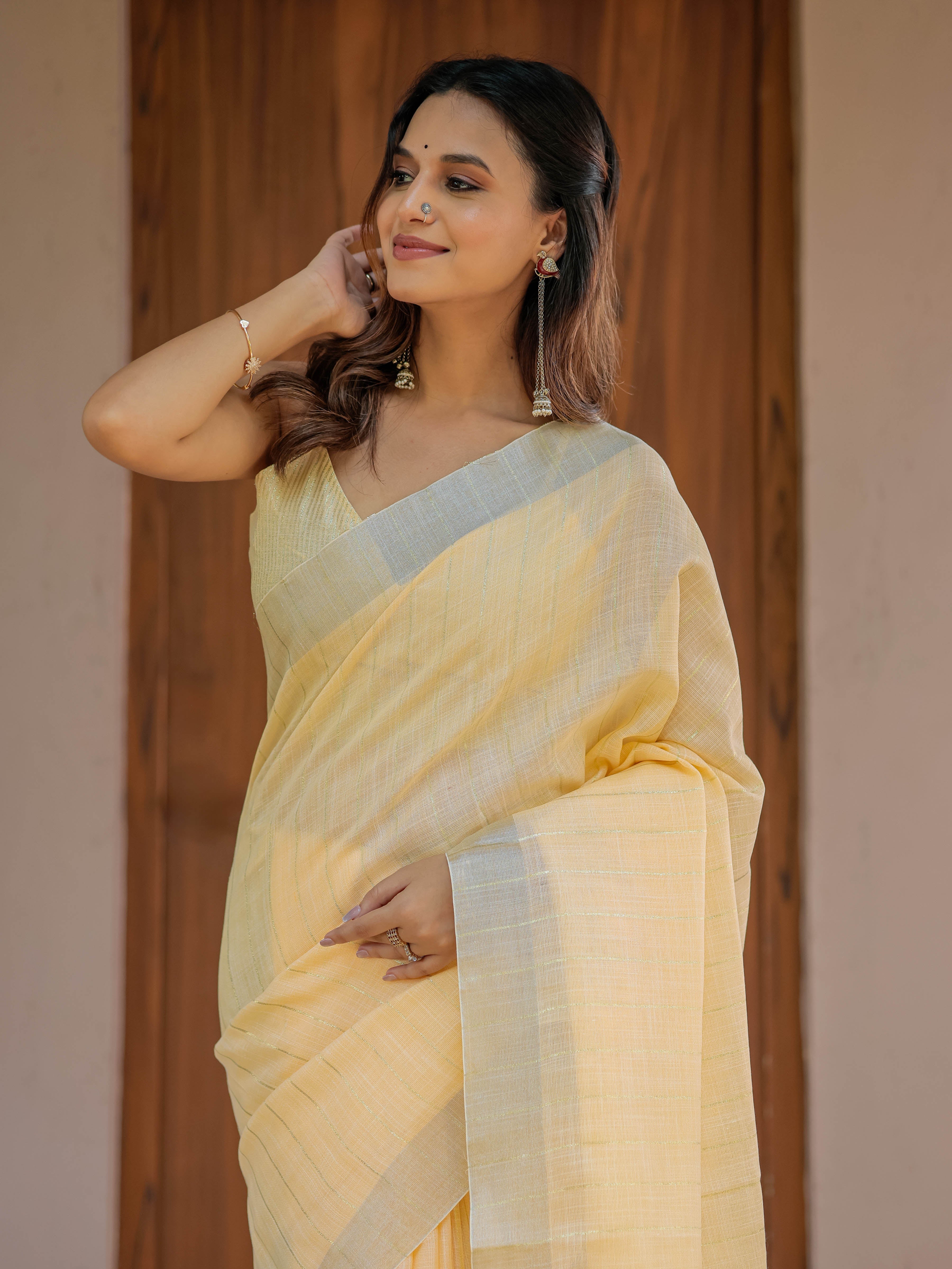 Butter Yellow Pure Handloom Cotton Saree with Golden Striped Weaving & Tassel Detailing
