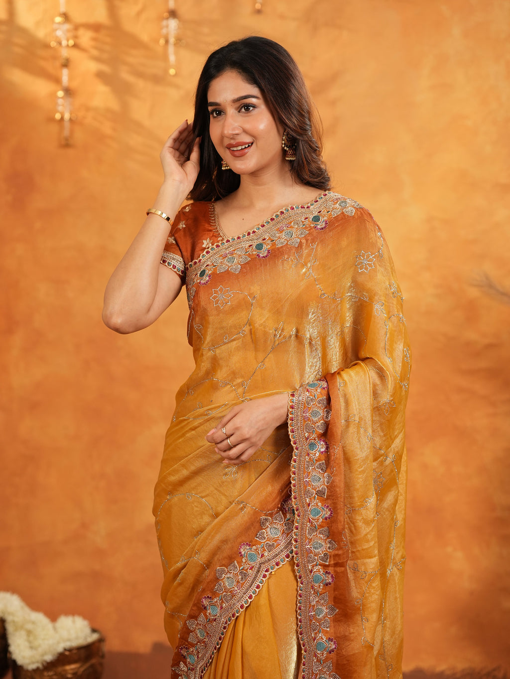 Mustard Gold Fendy Satin Embroidered Saree with Multicolor Floral Border & Tassels | Designer Festive Party Wear Saree with Heavy Embroidered Blouse