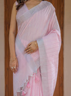 Soft Peach Pink Handloom Cotton Saree with Subtle Striped Weaving & Tassel Detailing