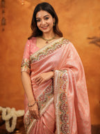 Peach Pink Banarasi Silk Embroidered Saree with Floral Border & Zari Weaving | Heavy Embroidered Blouse with Tassels | Wedding & Festive Wear Saree