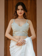 Pure White & Olive Green Handloom Cotton Saree with Minimal Striped Border & Tassel Detailing