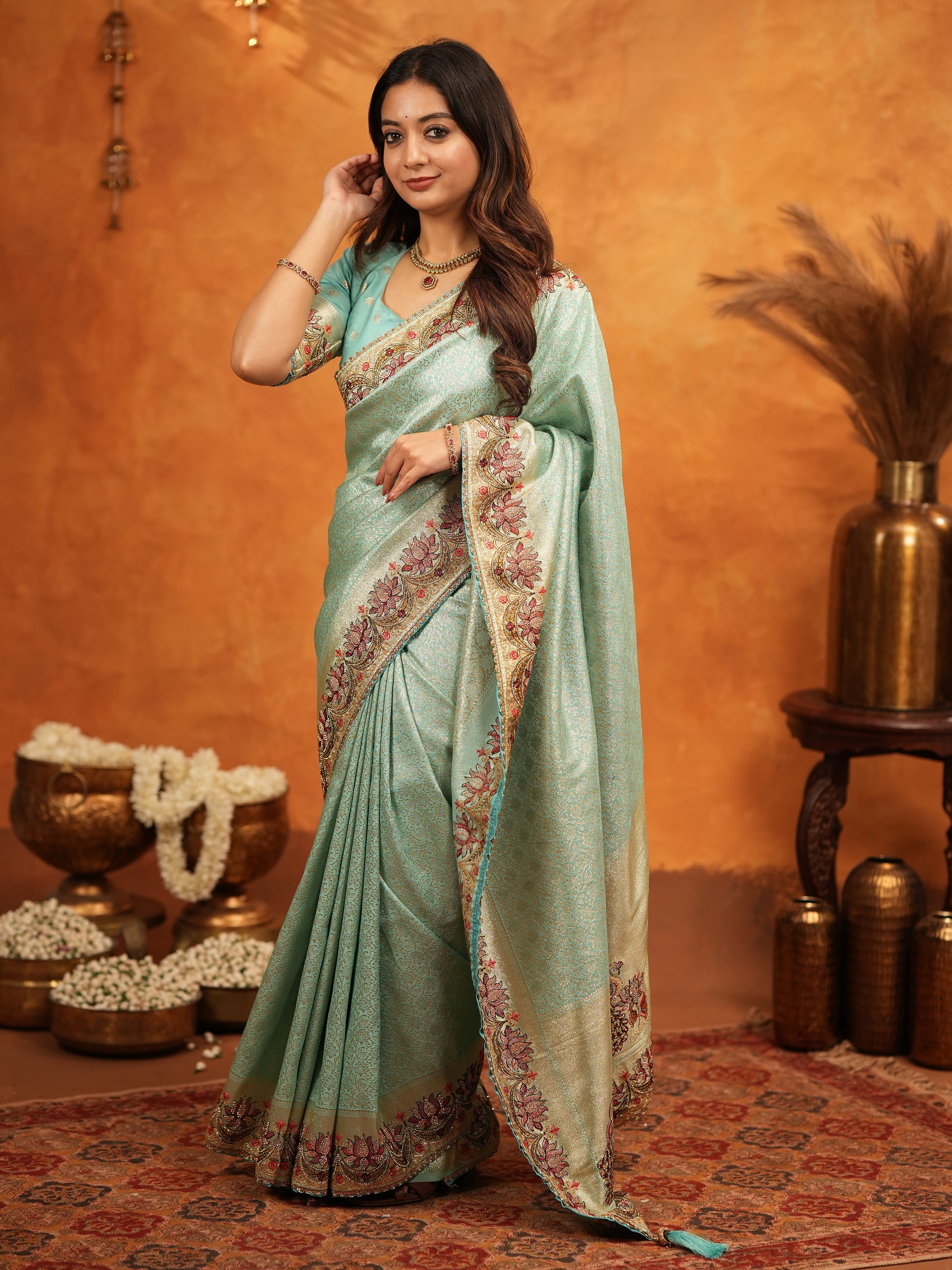 Aqua Green Banarasi Silk Embroidered Saree with Floral Border & Zari Weaving | Heavy Embroidered Blouse with Tassels | Wedding & Festive Wear Saree