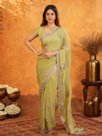 Pista Green Fendy Satin Embroidered Saree with Floral Border & Tassels | Elegant Pastel Designer Saree with Heavy Embroidered Blouse