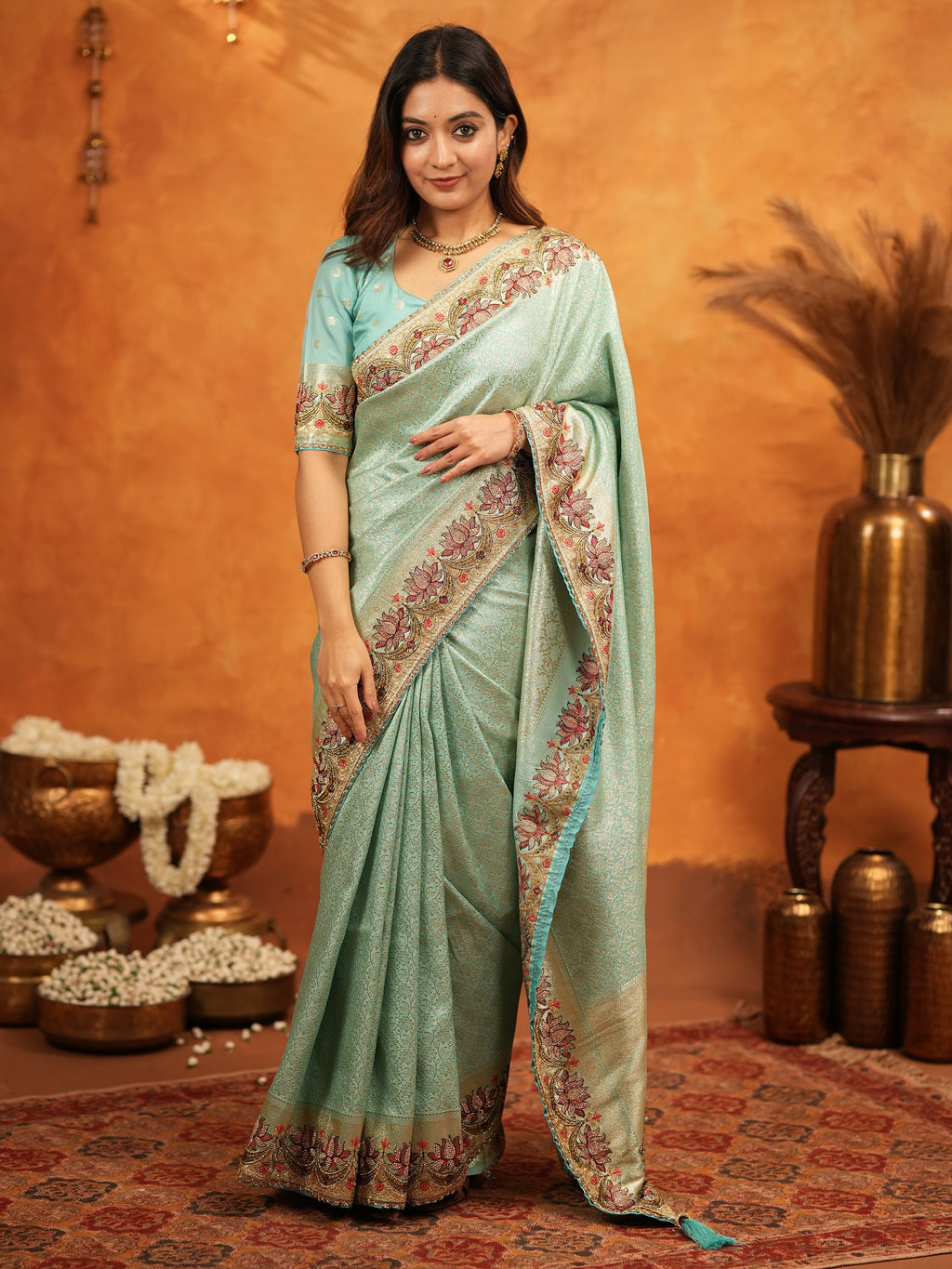 Aqua Green Banarasi Silk Embroidered Saree with Floral Border & Zari Weaving | Heavy Embroidered Blouse with Tassels | Wedding & Festive Wear Saree